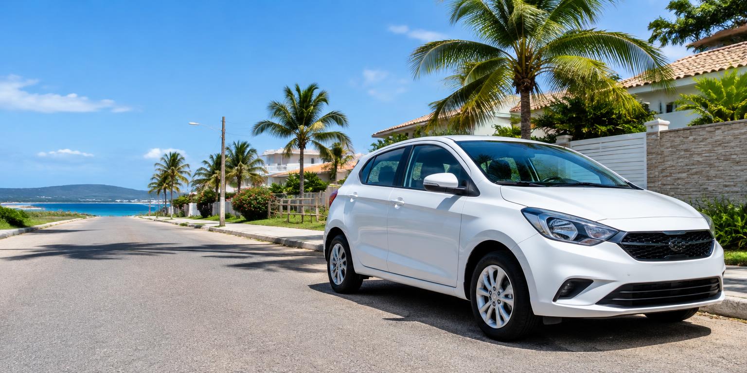 Carro branco em uma rua ensolarada no litoral
